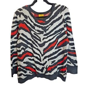Ruby Rd Womens Zebra Animal Print Sweater Red Black White Crew Neck Large USA